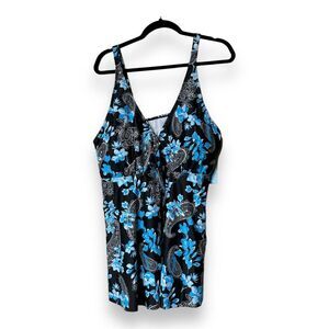Yonique Plus Size Blue & black Swimsuit Bathing suit‎ Top Womens Sz 22W